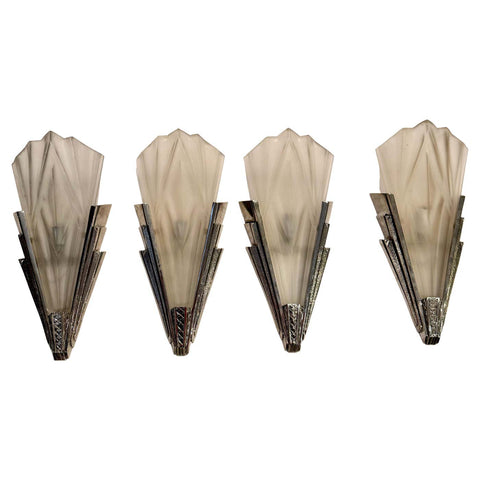 Set of Four French Art Deco Wall Sconces Signed by Degue